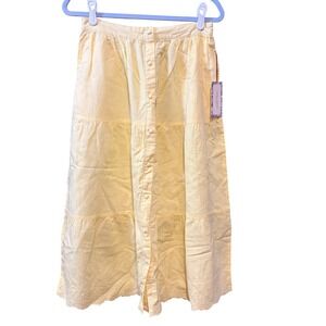 Laura Ashley Yellow Linen Blend Eyelet Hem Button Front Tiered Maxi Skirt Medium